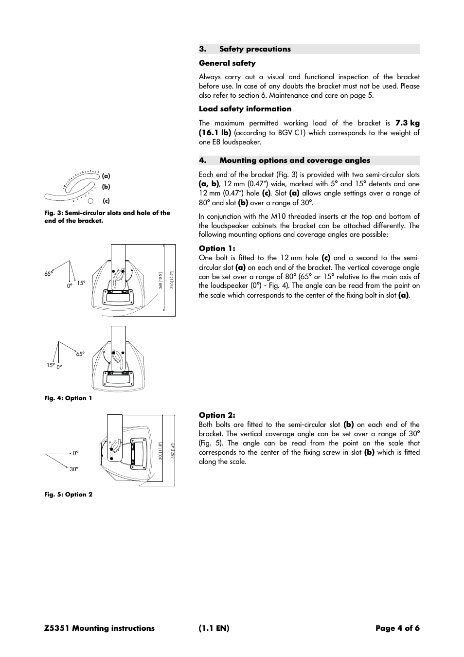 Safety precautions, Mounting options and coverage angles | d&b Z5351 E8 Horizontal bracket User Manual | Page 4 / 6