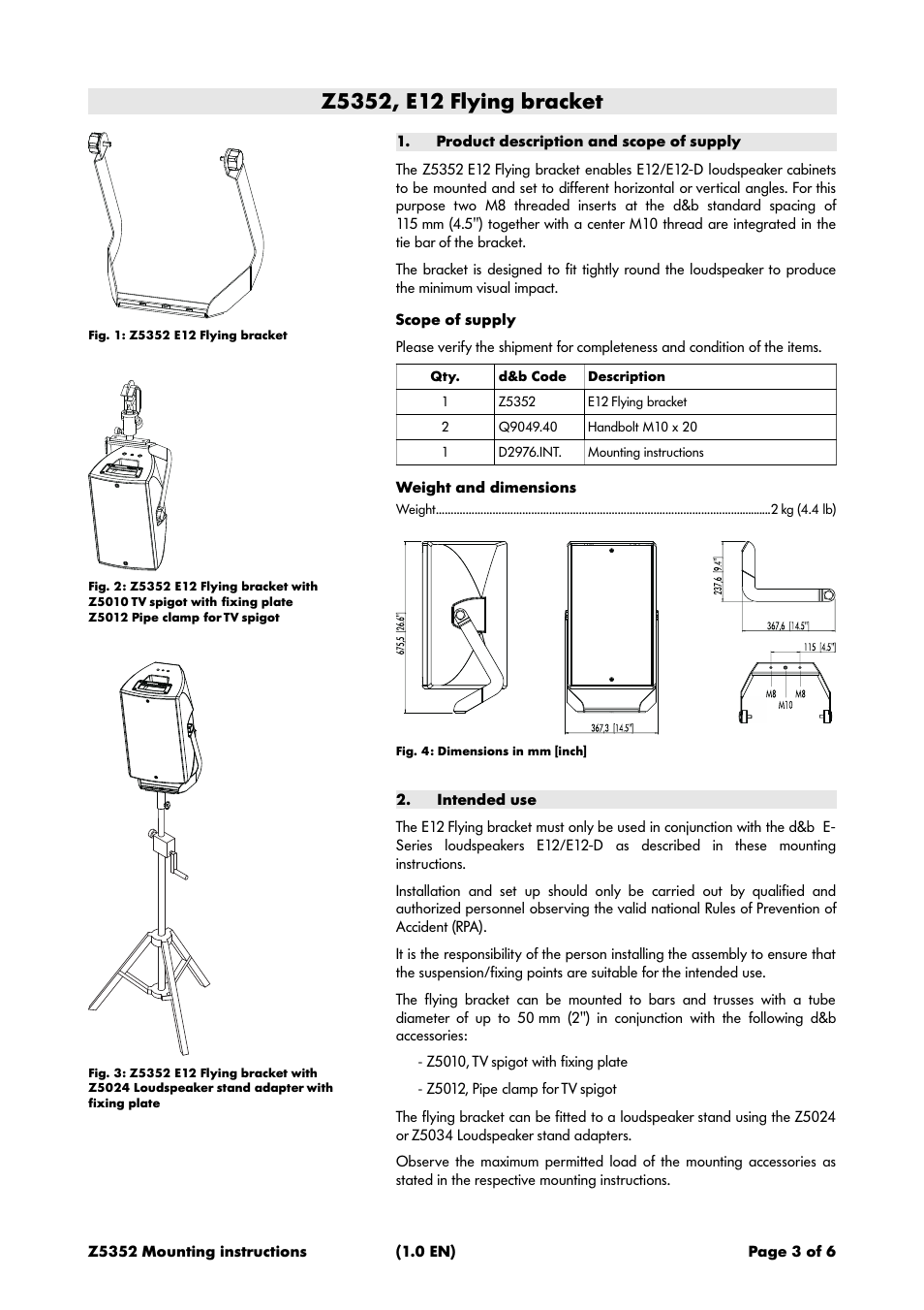 Z5352, e12 flying bracket, Product description and scope of supply, Scope of supply | Weight and dimensions, Intended use | d&b Z5352 E12 Flying bracket User Manual | Page 3 / 6