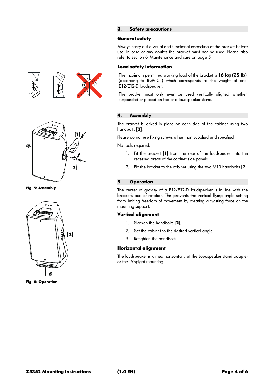 Safety precautions, General safety, Load safety information | Assembly, Operation, Horizontal alignment | d&b Z5352 E12 Flying bracket User Manual | Page 4 / 6