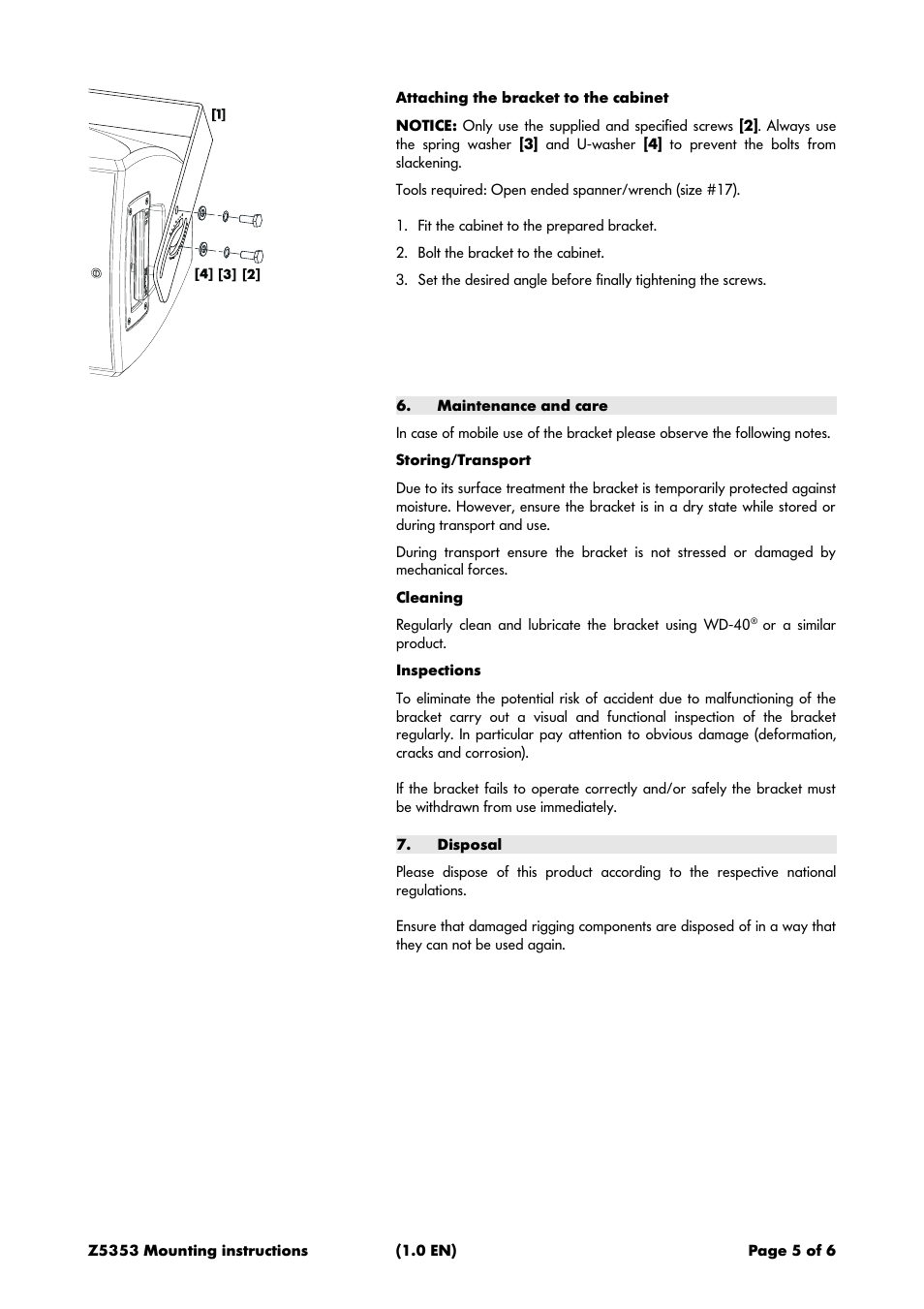 Attaching the bracket to the cabinet, Maintenance and care, Storing/transport | Cleaning, Inspections, Disposal | d&b Z5353 E12 Horizonal bracket User Manual | Page 5 / 6