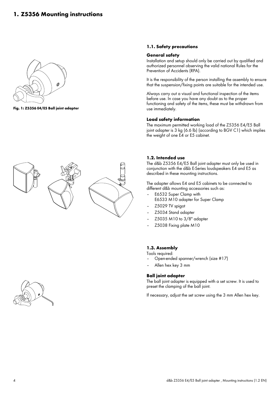 Z5356 mounting instructions, Safety precautions, Intended use | Assembly | d&b Z5356 E4 Ball joint adapter User Manual | Page 4 / 7