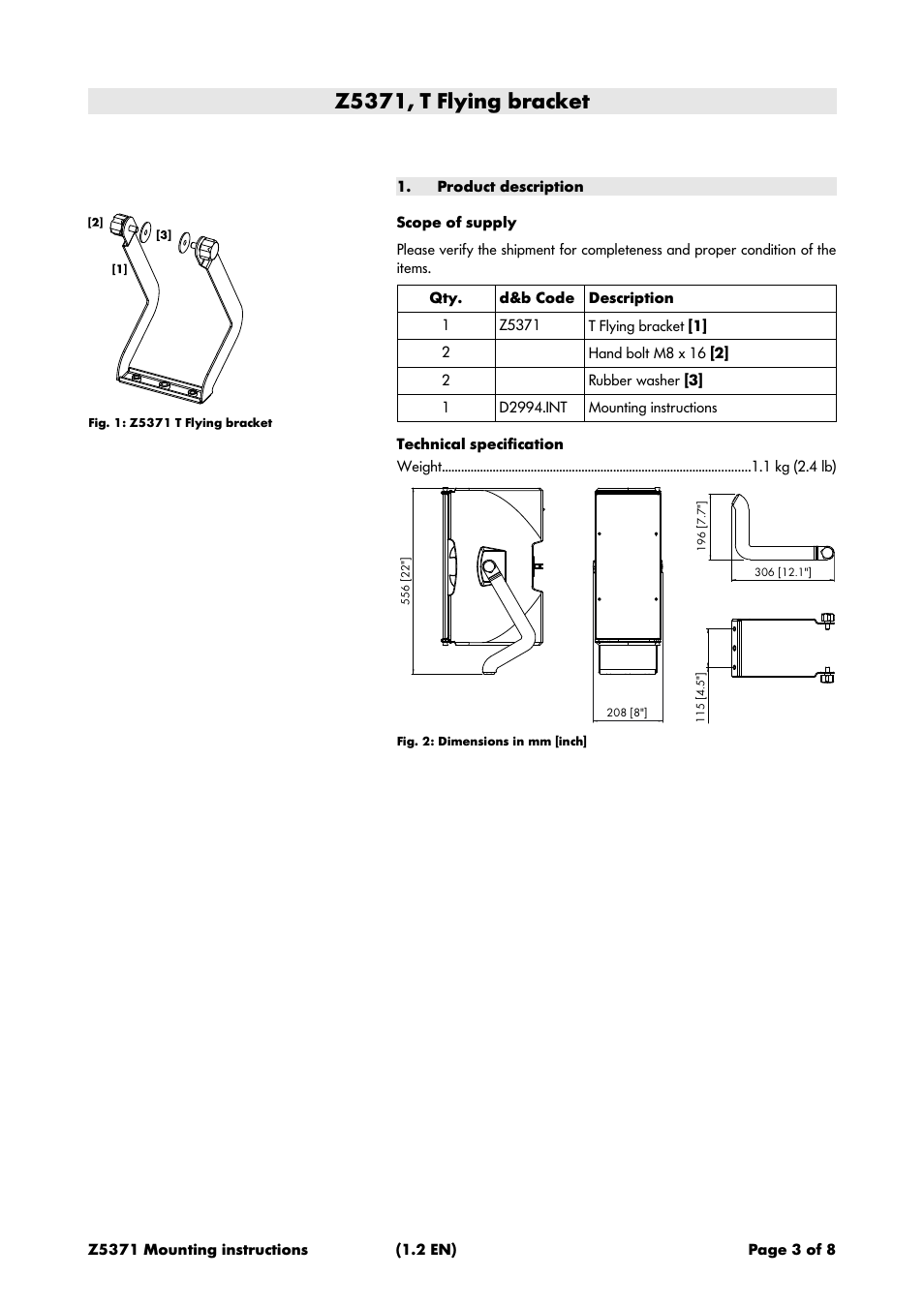 Z5371, t flying bracket, Product description, Scope of supply | Technical specification | d&b Z5371 T Flying bracket User Manual | Page 3 / 8
