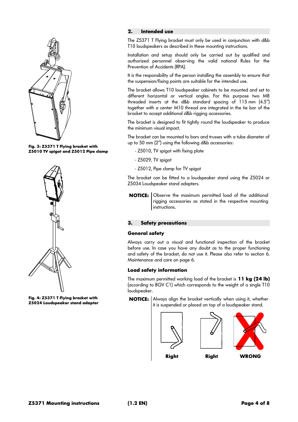 Intended use, Safety precautions, General safety | Load safety information | d&b Z5371 T Flying bracket User Manual | Page 4 / 8