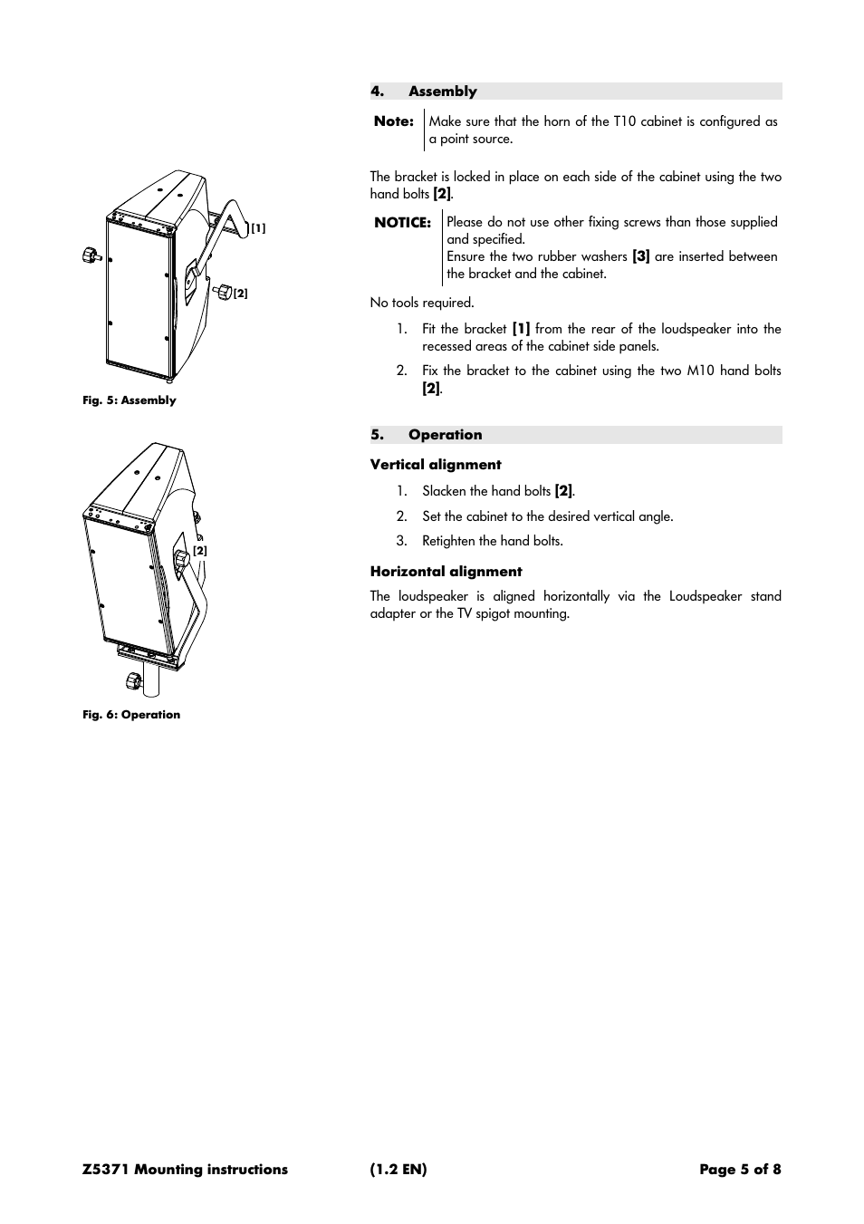 Assembly, Operation, Vertical alignment | Horizontal alignment | d&b Z5371 T Flying bracket User Manual | Page 5 / 8