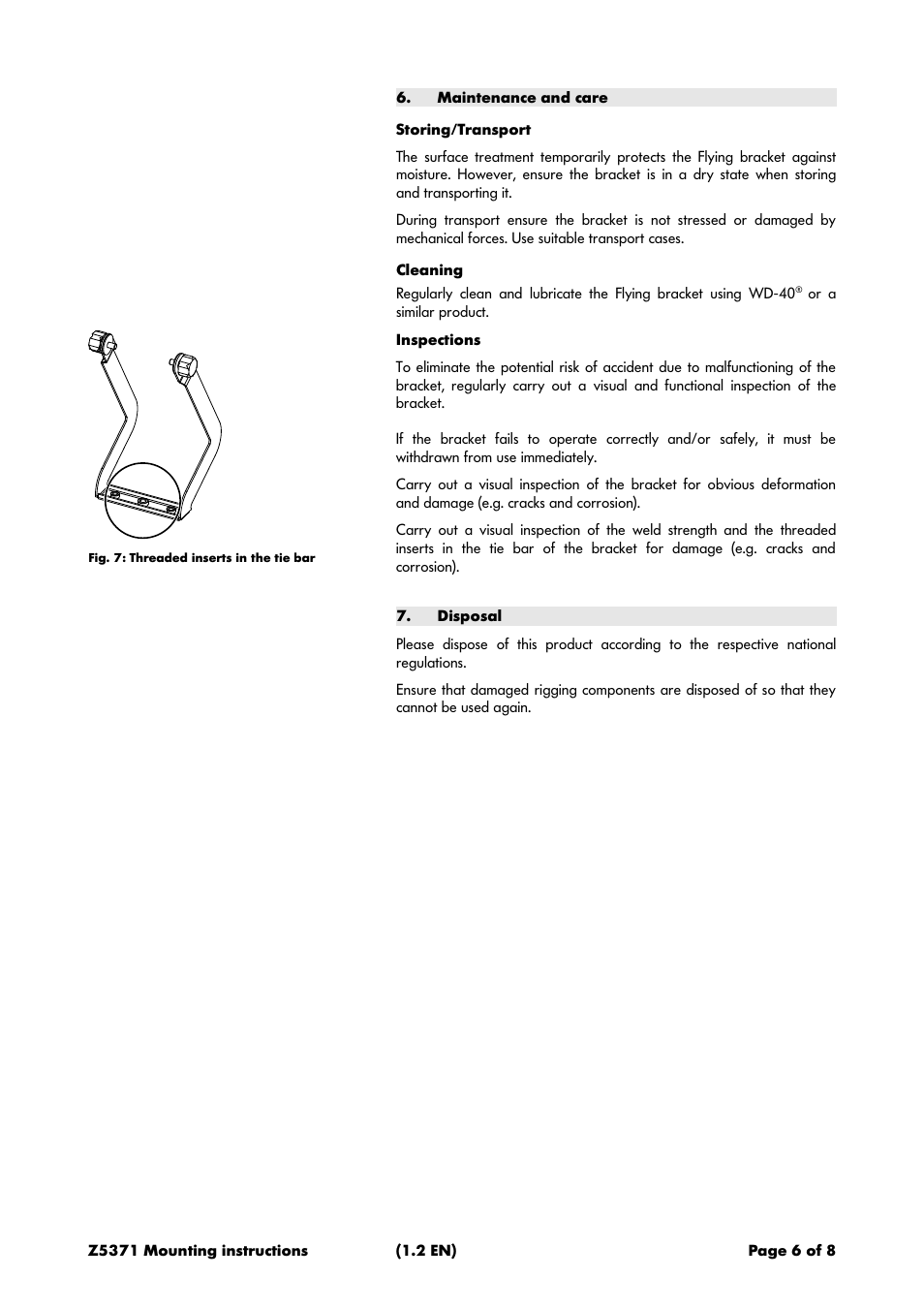 Maintenance and care, Storing/transport, Cleaning | Inspections, Disposal | d&b Z5371 T Flying bracket User Manual | Page 6 / 8