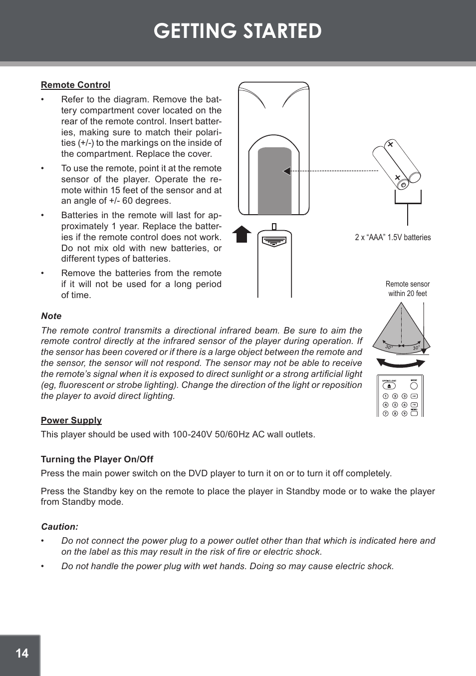 Getting started, Remote control, Power supply | Turning the player on/off | COBY electronic DVD-937 User Manual | Page 14 / 26