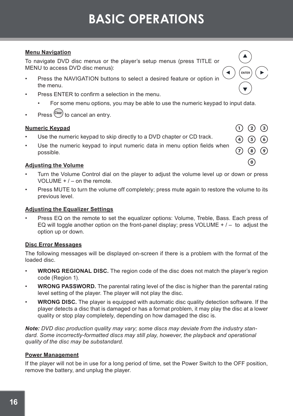 Menu navigation, Numeric keypad, Adjusting the volume | Adjusting the equalizer settings, Disc error messages, Power management, Basic operations | COBY electronic DVD-937 User Manual | Page 16 / 26
