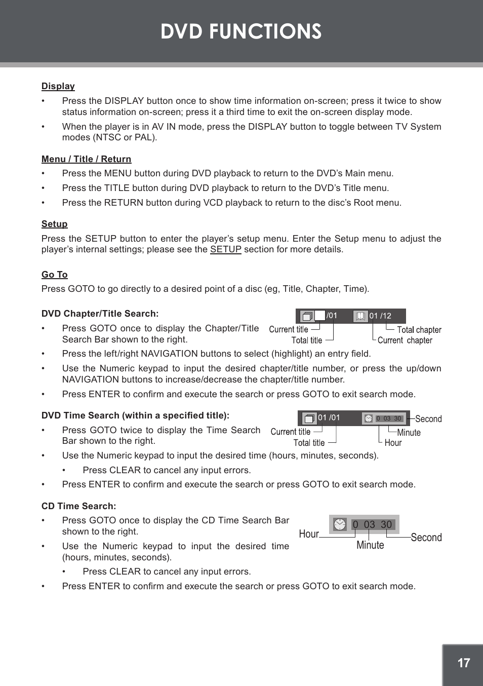 Dvd functions, Display, Menu/title/return | Setup, Go to, Dvd chapter/title search, Dvd time search, Cd time search | COBY electronic DVD-937 User Manual | Page 17 / 26