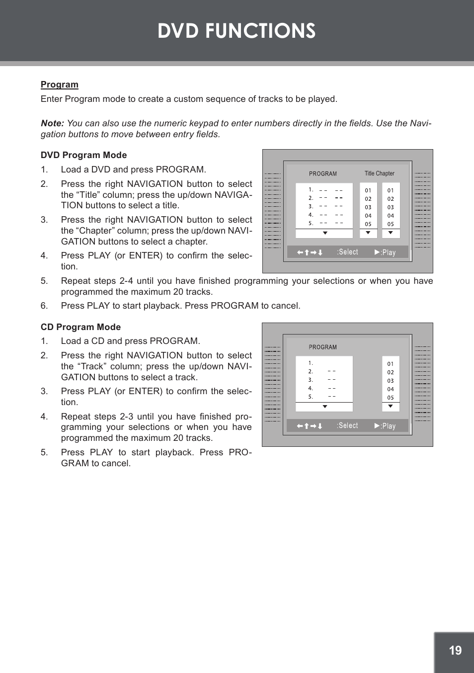 Program, Dvd program mode, Cd program mode | Dvd functions | COBY electronic DVD-937 User Manual | Page 19 / 26