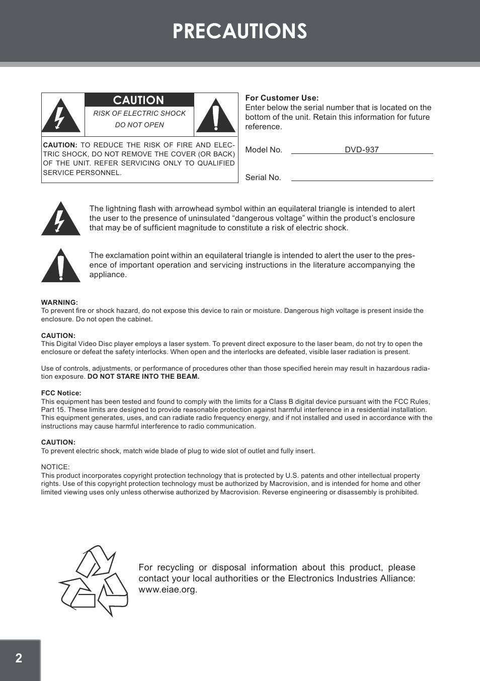 Precautions, Caution | COBY electronic DVD-937 User Manual | Page 2 / 26