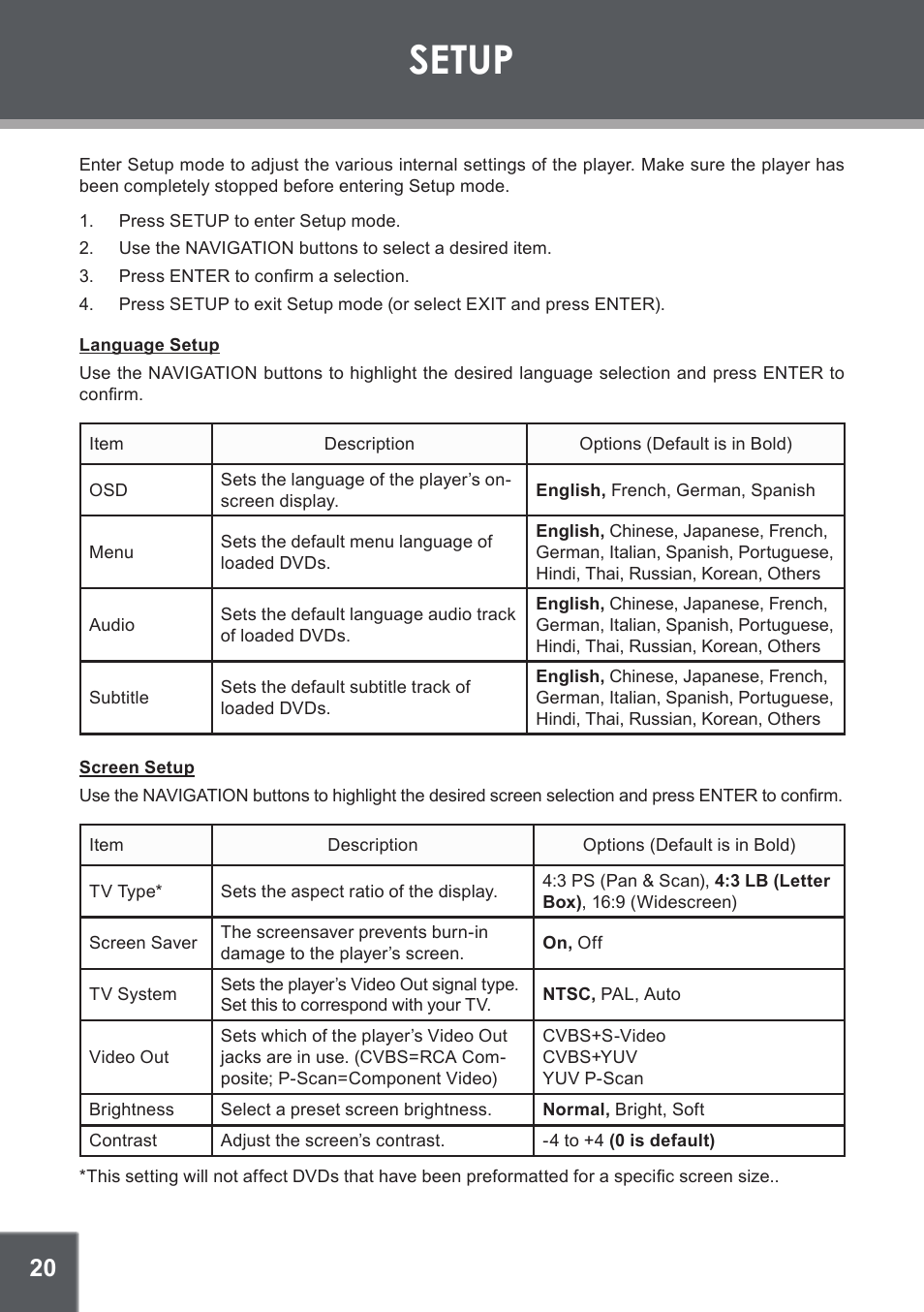 Setup, Language setup, Screen setup | COBY electronic DVD-937 User Manual | Page 20 / 26