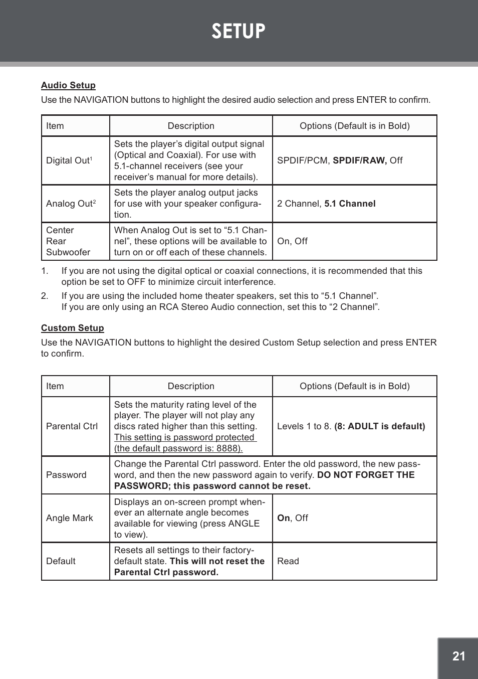 Audio setup, Custom setup, Setup | COBY electronic DVD-937 User Manual | Page 21 / 26