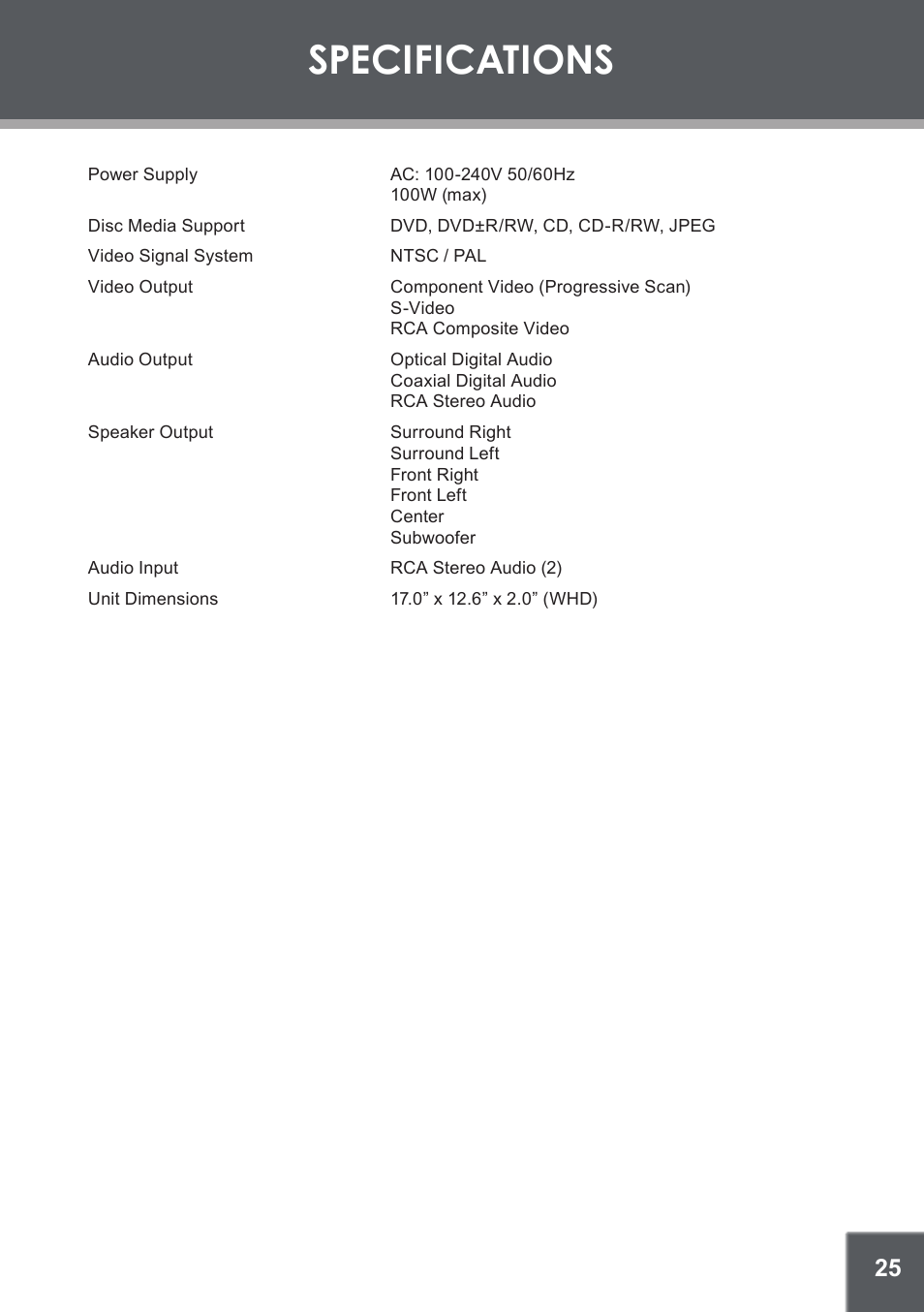 Specifications | COBY electronic DVD-937 User Manual | Page 25 / 26