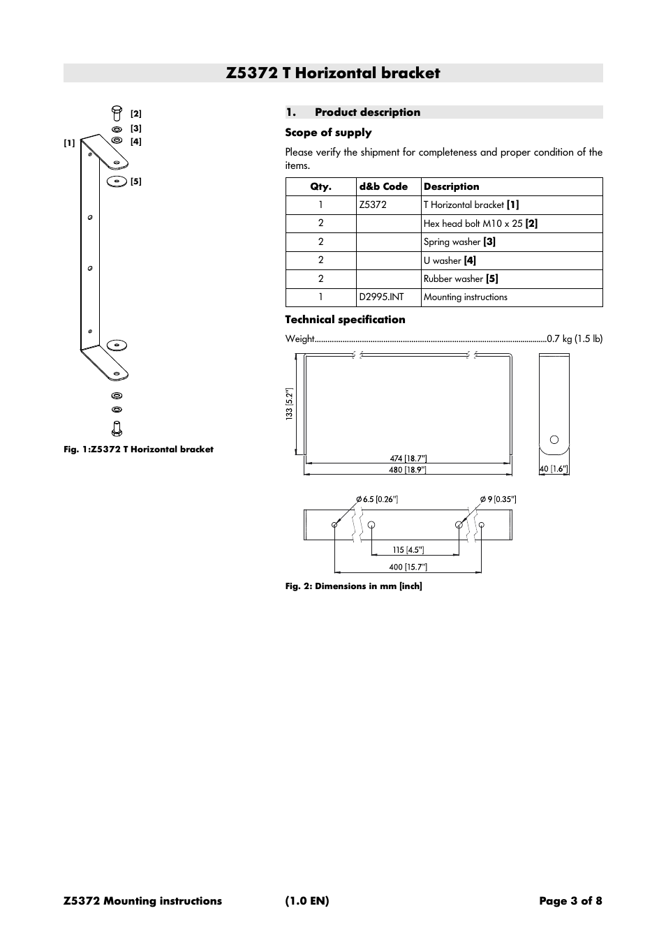 Z5372 t horizontal bracket, Product description, Scope of supply | Technical specification | d&b Z5372 T Horizontal bracket User Manual | Page 3 / 8