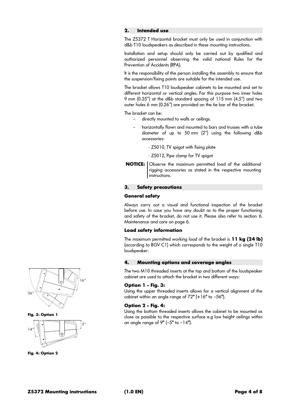 Intended use, Safety precautions, General safety | Load safety information, Mounting options and coverage angles | d&b Z5372 T Horizontal bracket User Manual | Page 4 / 8