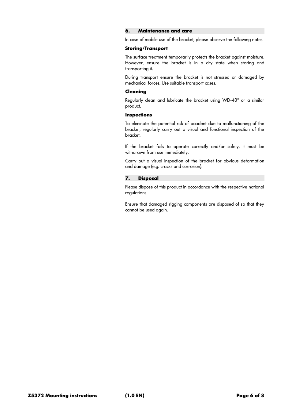 Maintenance and care, Storing/transport, Cleaning | Inspections, Disposal | d&b Z5372 T Horizontal bracket User Manual | Page 6 / 8