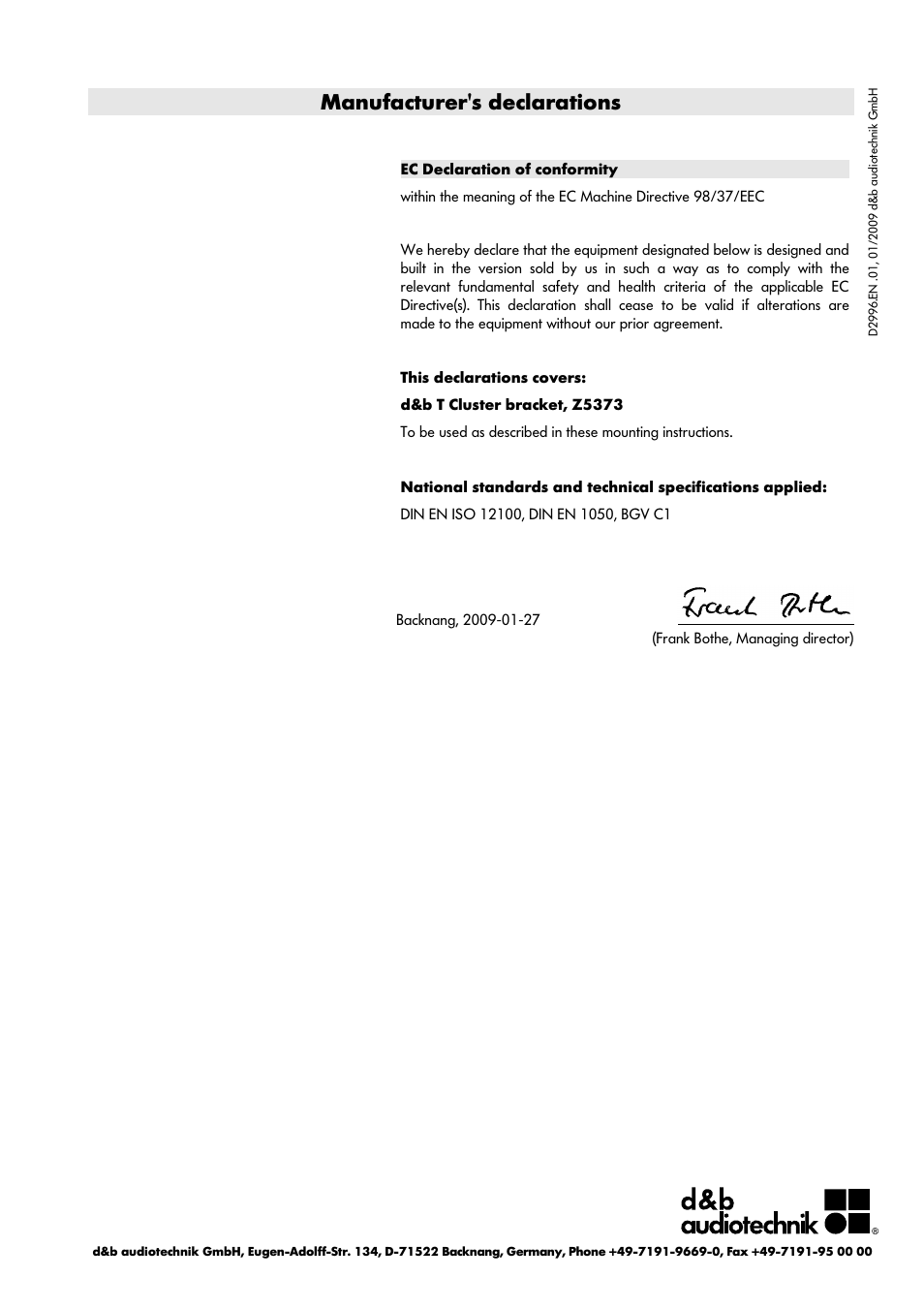 Manufacturer's declarations | d&b Z5373 T Cluster bracket User Manual | Page 10 / 10