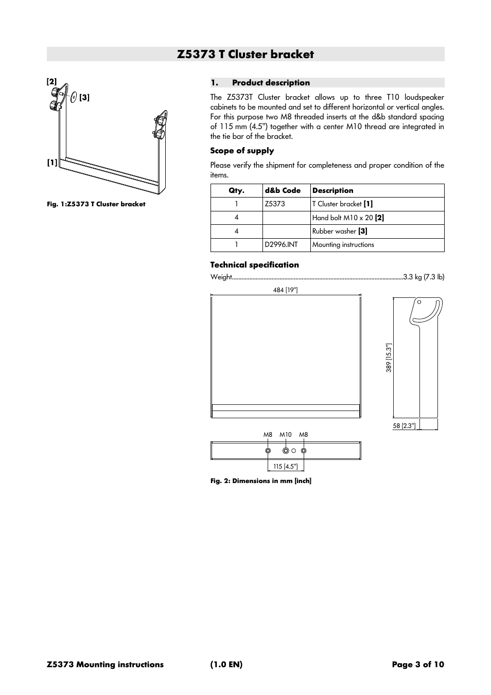 Z5373 t cluster bracket, Product description, Scope of supply | Technical specification | d&b Z5373 T Cluster bracket User Manual | Page 3 / 10