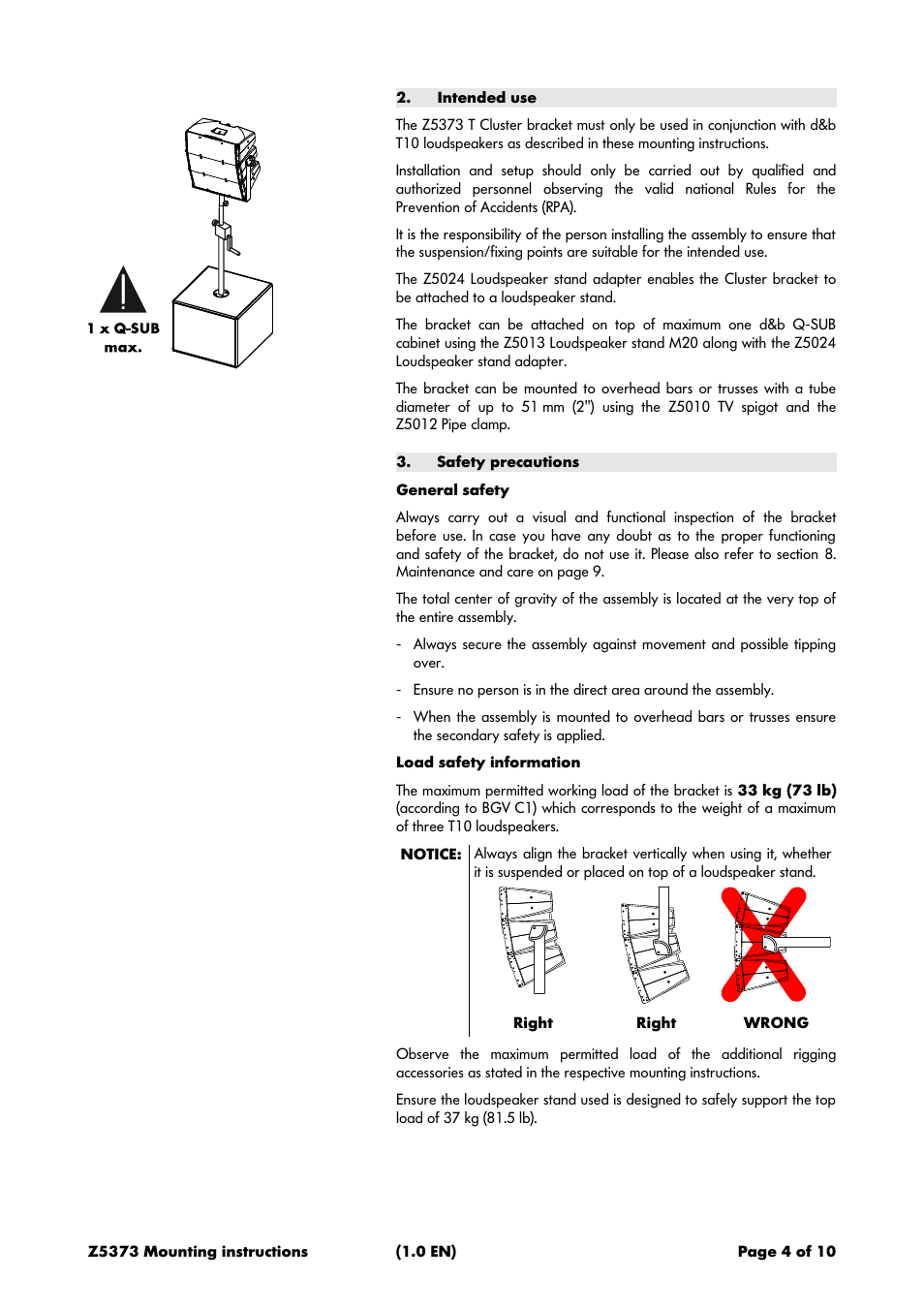 Intended use, Safety precautions, General safety | Load safety information | d&b Z5373 T Cluster bracket User Manual | Page 4 / 10