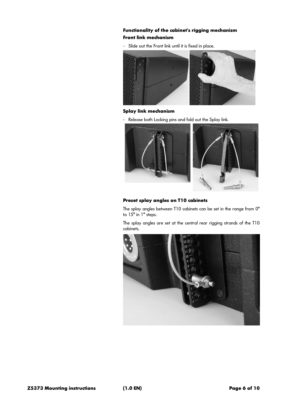 Functionality of the cabinet's rigging mechanism, Preset splay angles on t10 cabinets | d&b Z5373 T Cluster bracket User Manual | Page 6 / 10