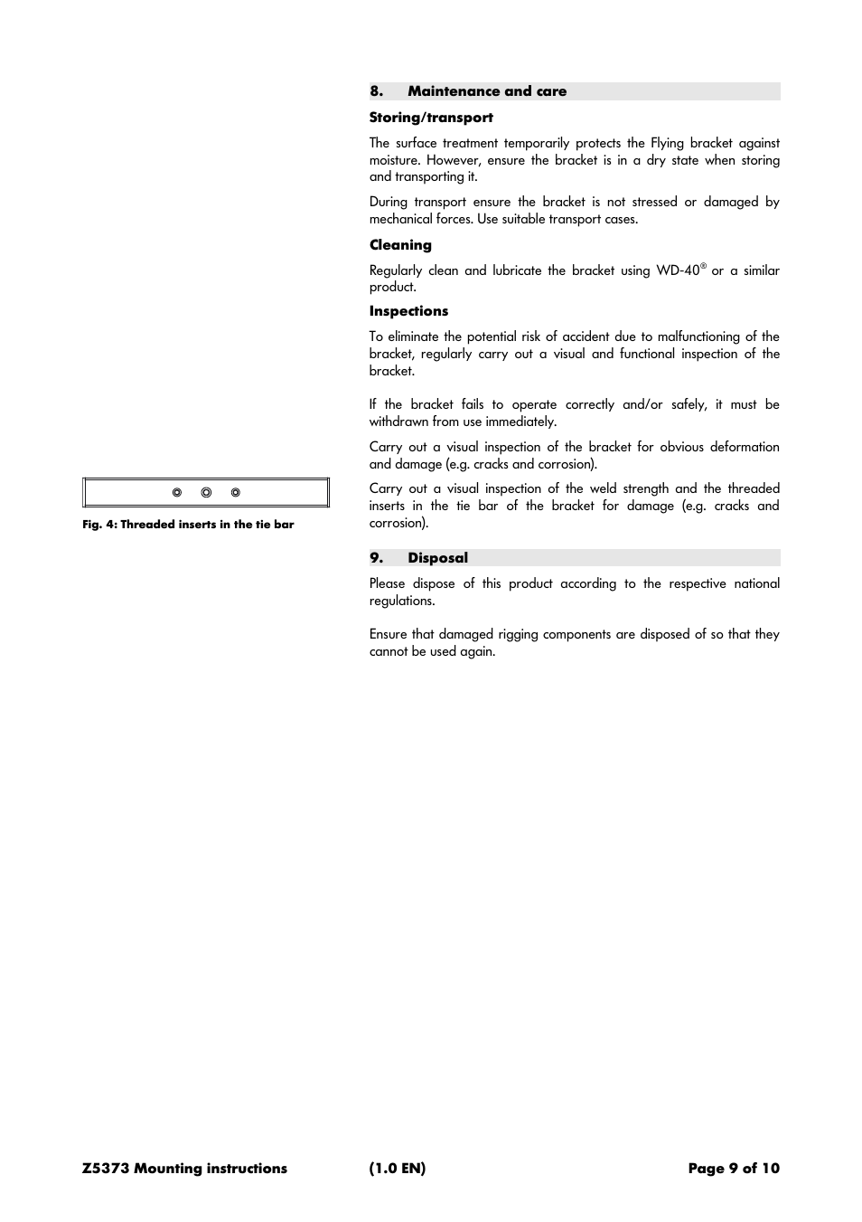 Maintenance and care, Storing/transport, Cleaning | Inspections, Disposal | d&b Z5373 T Cluster bracket User Manual | Page 9 / 10