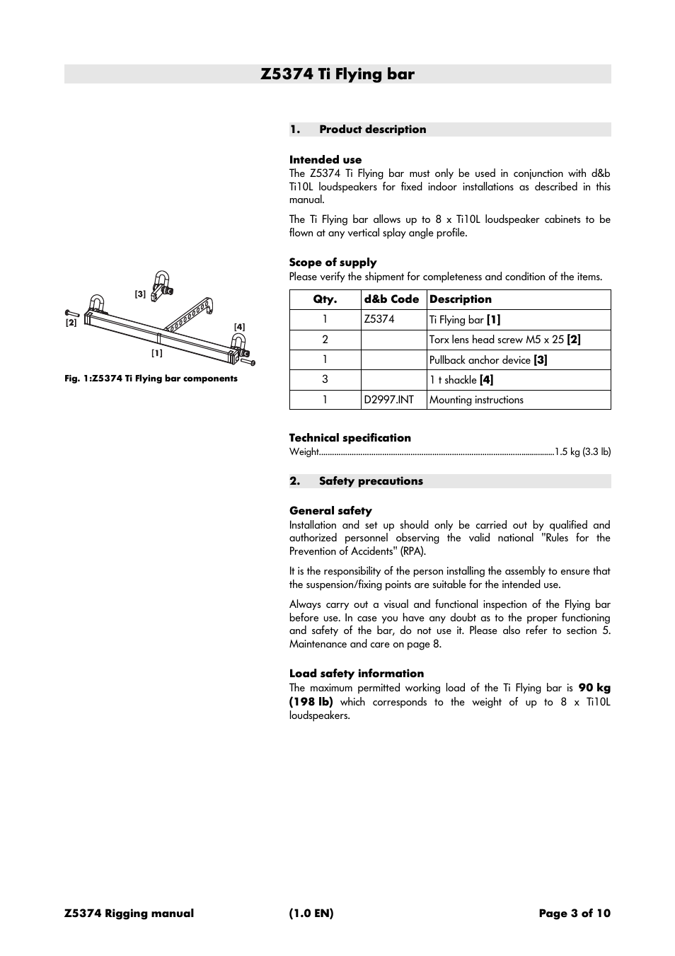 Z5374 ti flying bar, Product description, Intended use | Scope of supply, Technical specification, Safety precautions, General safety, Load safety information | d&b Z5374 Ti Flyingadapter User Manual | Page 3 / 10