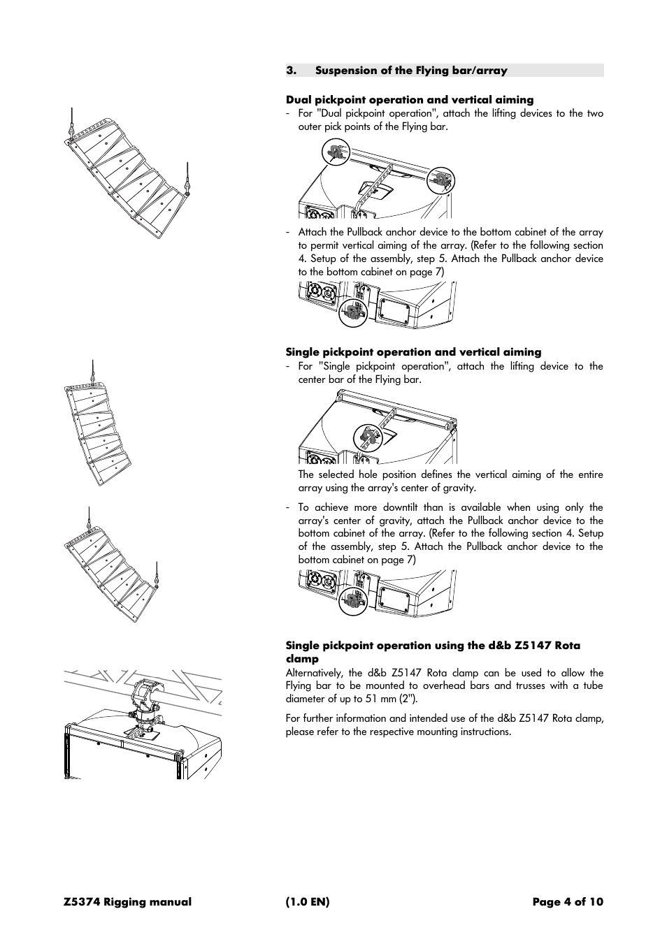 Suspension of the flying bar/array, Dual pickpoint operation and vertical aiming, Single pickpoint operation and vertical aiming | d&b Z5374 Ti Flyingadapter User Manual | Page 4 / 10