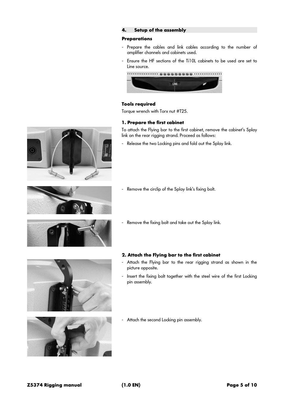 Setup of the assembly, Preparations, Tools required | Prepare the first cabinet, Attach the flying bar to the first cabinet | d&b Z5374 Ti Flyingadapter User Manual | Page 5 / 10