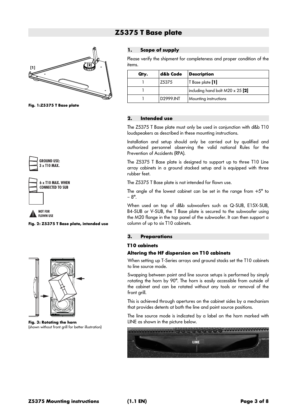 Z5375 t base plate, Scope of supply, Intended use | Preparations, T10 cabinets | d&b Z5375 T Base plate User Manual | Page 3 / 8