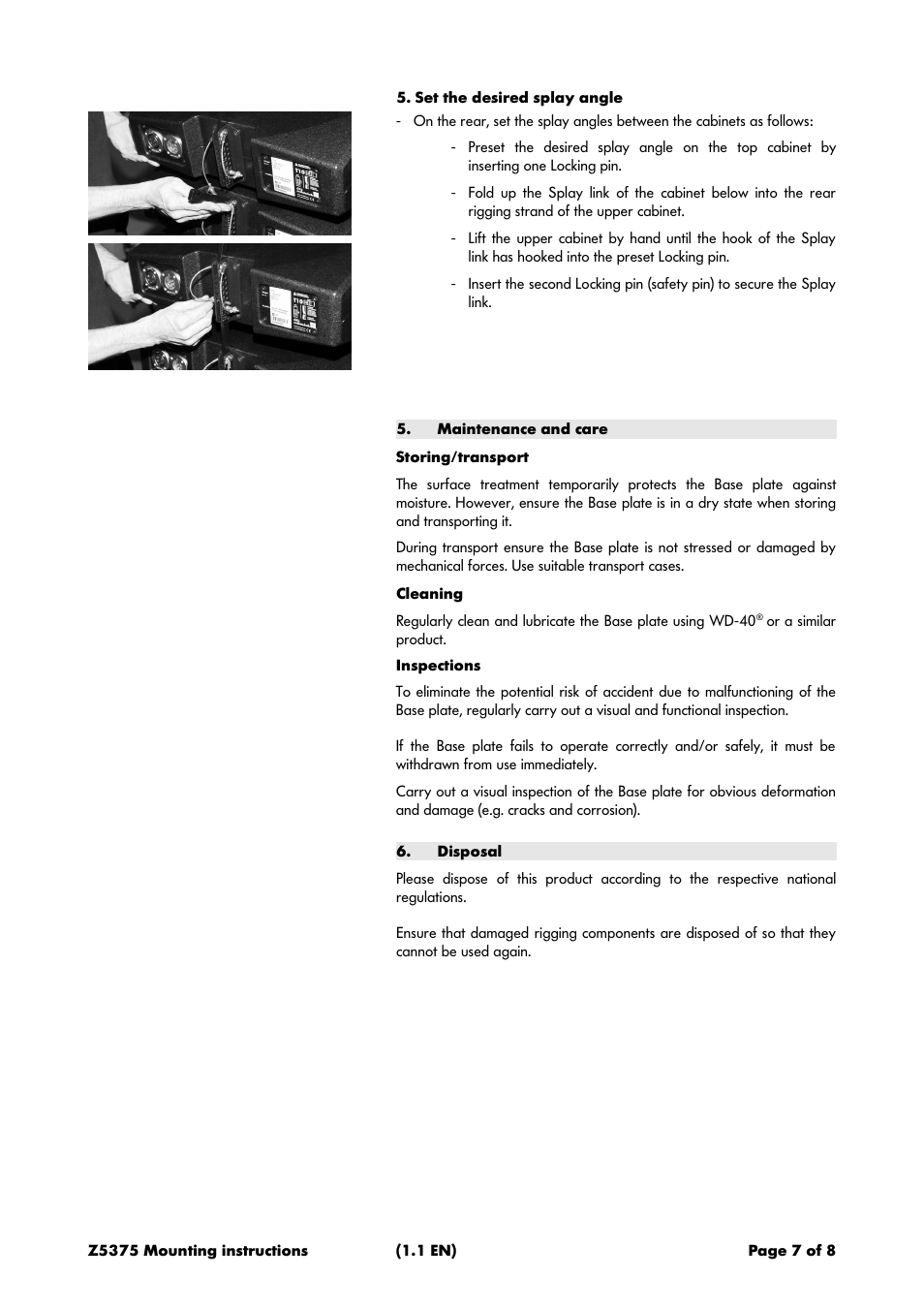 Maintenance and care, Storing/transport, Cleaning | Inspections, Disposal | d&b Z5375 T Base plate User Manual | Page 7 / 8