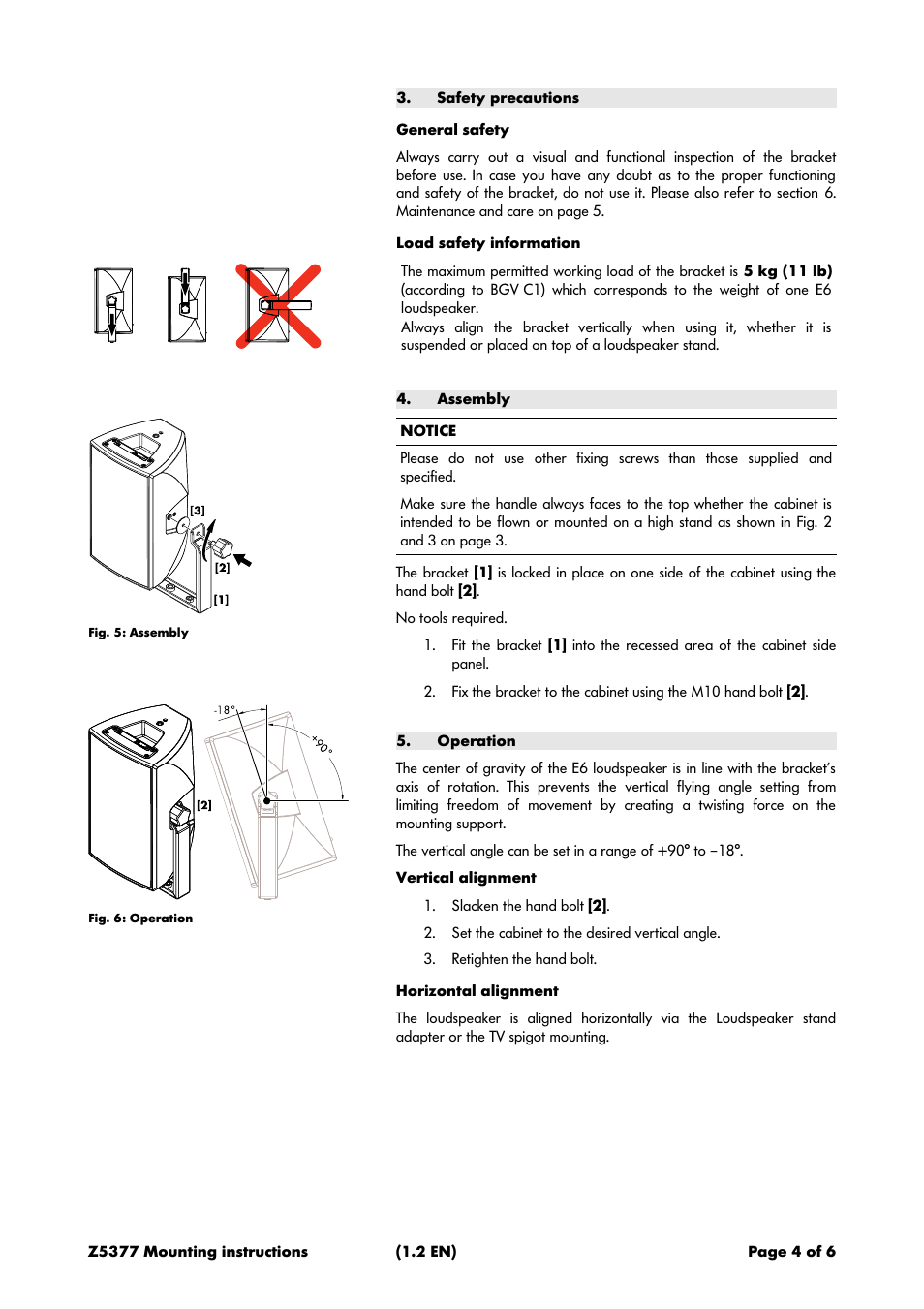 Safety precautions, General safety, Load safety information | Assembly, Operation, Horizontal alignment | d&b Z5377 E6 Swivel bracket User Manual | Page 4 / 6