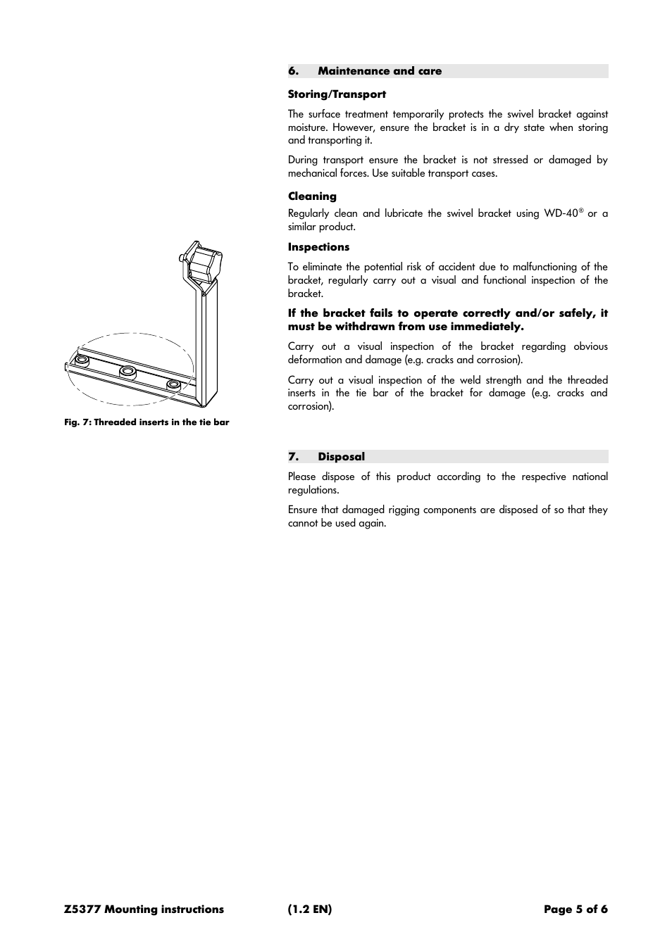 Maintenance and care, Storing/transport, Cleaning | Inspections, Disposal | d&b Z5377 E6 Swivel bracket User Manual | Page 5 / 6