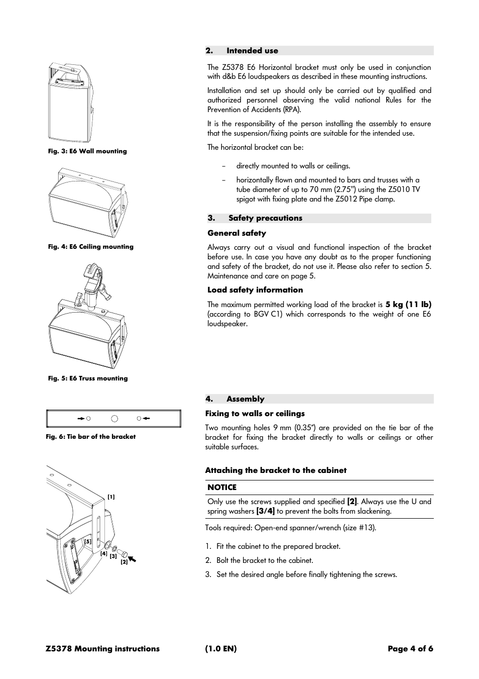 Intended use, Safety precautions, General safety | Load safety information, Assembly, Fixing to walls or ceilings, Attaching the bracket to the cabinet | d&b Z5378 E6 Horizontal bracket User Manual | Page 4 / 6