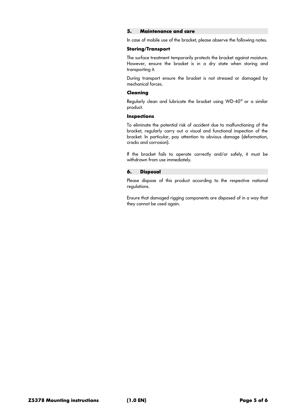 Maintenance and care, Storing/transport, Cleaning | Inspections, Disposal | d&b Z5378 E6 Horizontal bracket User Manual | Page 5 / 6