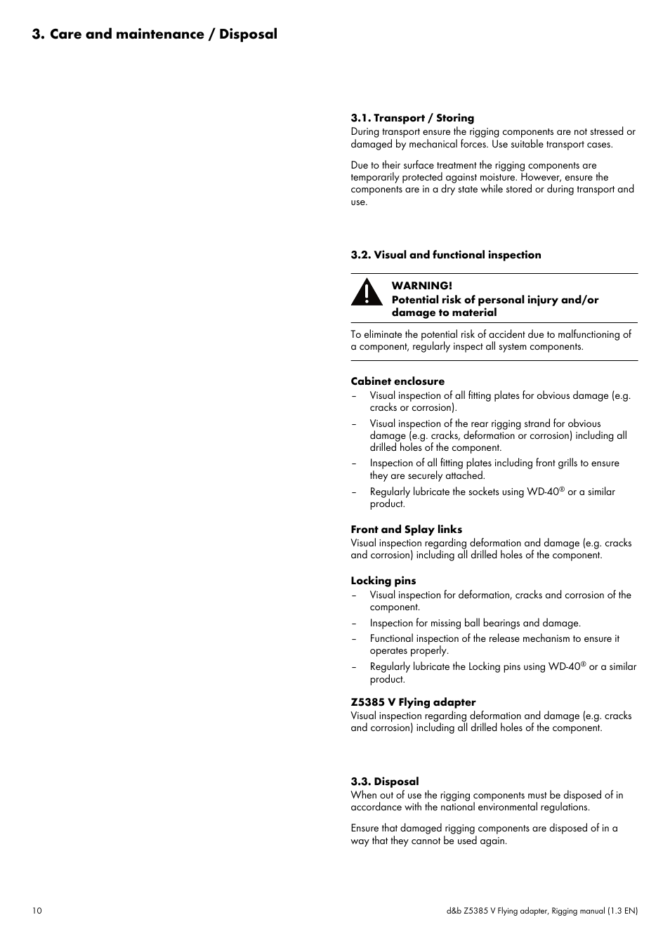 Care and maintenance / disposal, Transport / storing, Visual and functional inspection | Disposal | d&b Z5385 V Flying adapter User Manual | Page 10 / 11