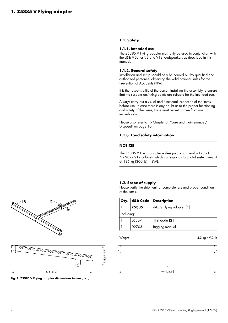 Z5385 v flying adapter, Safety, Intended use | General safety, Load safety information, Scope of supply | d&b Z5385 V Flying adapter User Manual | Page 4 / 11