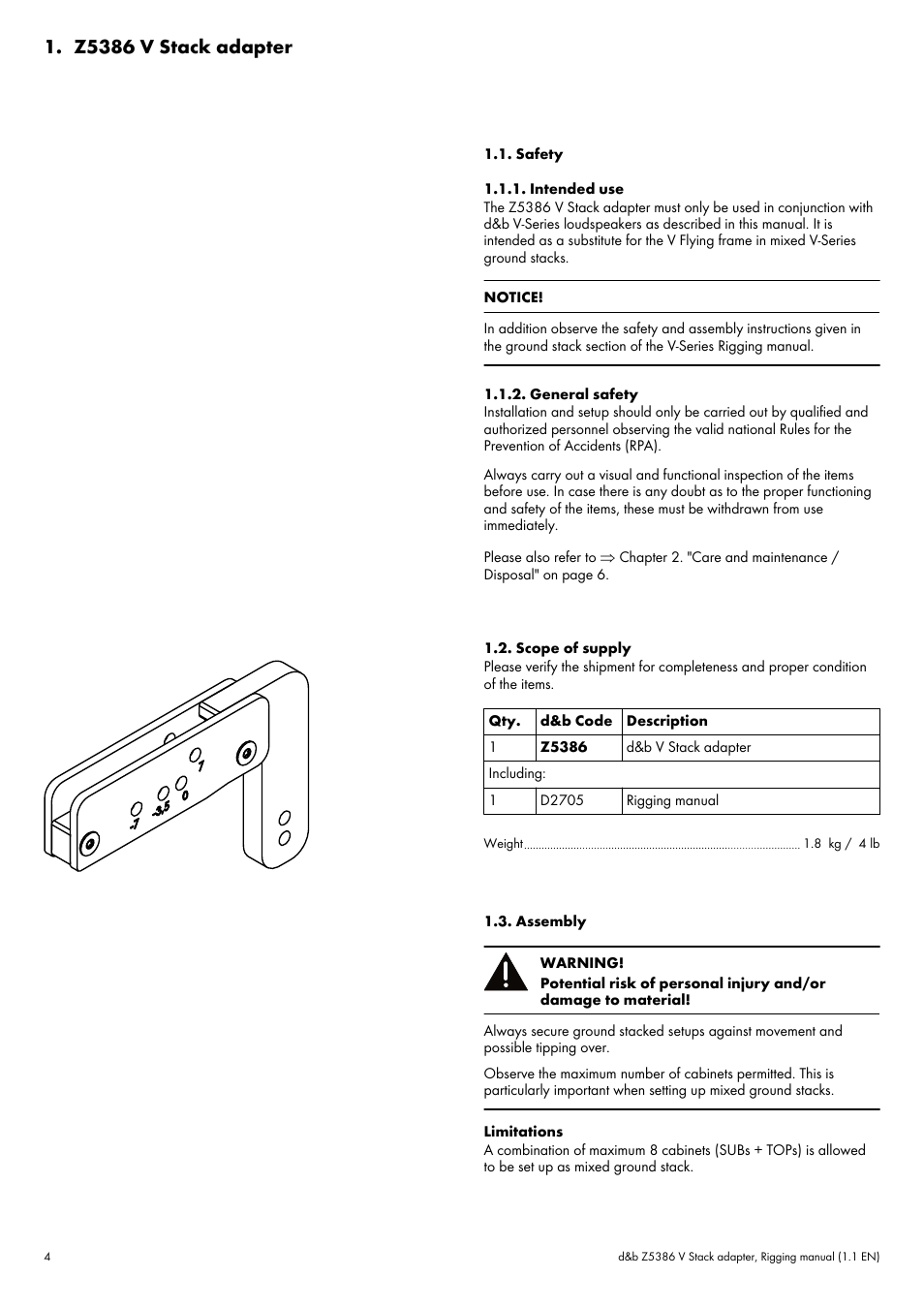 Z5386 v stack adapter, Safety, Intended use | General safety, Scope of supply, Assembly | d&b Z5386 V Stack adapter User Manual | Page 4 / 7