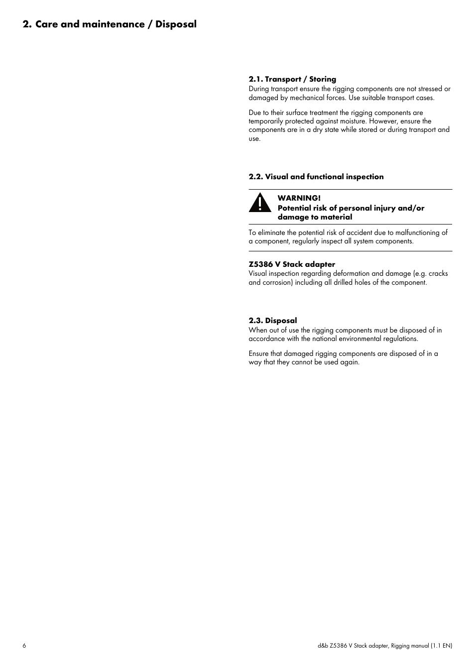 Care and maintenance / disposal, Transport / storing, Visual and functional inspection | Disposal | d&b Z5386 V Stack adapter User Manual | Page 6 / 7