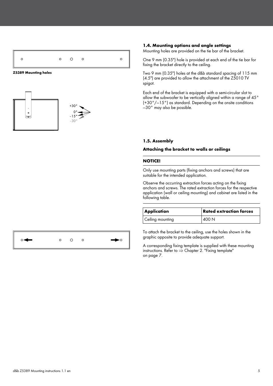 Mounting options and angle settings, Assembly, Mounting options and angle settings 1.5. assembly | d&b Z5389 Bi6-SUB Horizontal bracket User Manual | Page 5 / 10