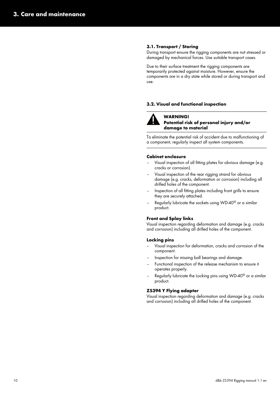 Care and maintenance, Transport / storing, Visual and functional inspection | d&b Z5394 Y Flying adapter User Manual | Page 10 / 13