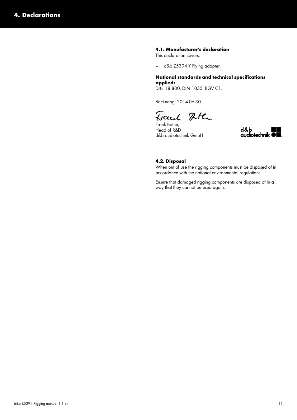Declarations, Manufacturer's declaration, Disposal | Manufacturer's declaration 4.2. disposal | d&b Z5394 Y Flying adapter User Manual | Page 11 / 13