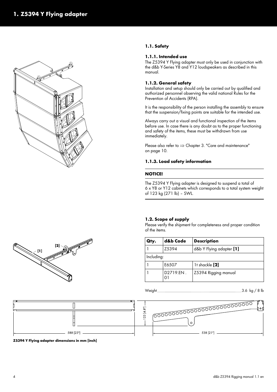 Z5394 y flying adapter, Safety, Intended use | General safety, Load safety information, Scope of supply | d&b Z5394 Y Flying adapter User Manual | Page 4 / 13