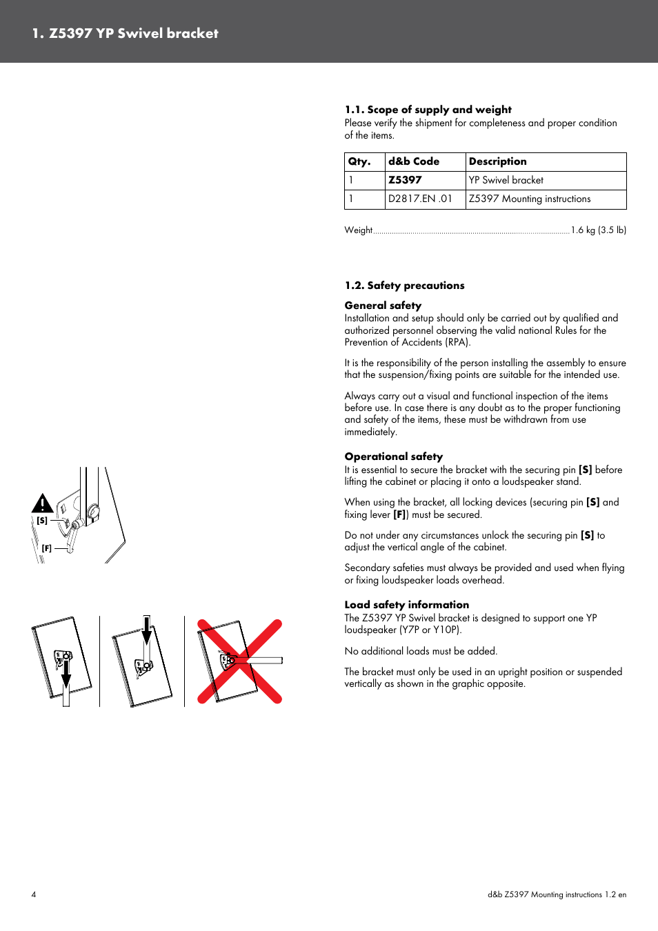 Z5397 yp swivel bracket, Scope of supply and weight, Safety precautions | Scope of supply and weight 1.2. safety precautions | d&b Z5397 YP Swivel bracket User Manual | Page 4 / 10