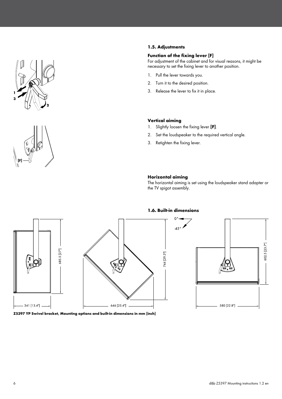 Adjustments, Built-in dimensions, Adjustments 1.6. built-in dimensions | d&b Z5397 YP Swivel bracket User Manual | Page 6 / 10