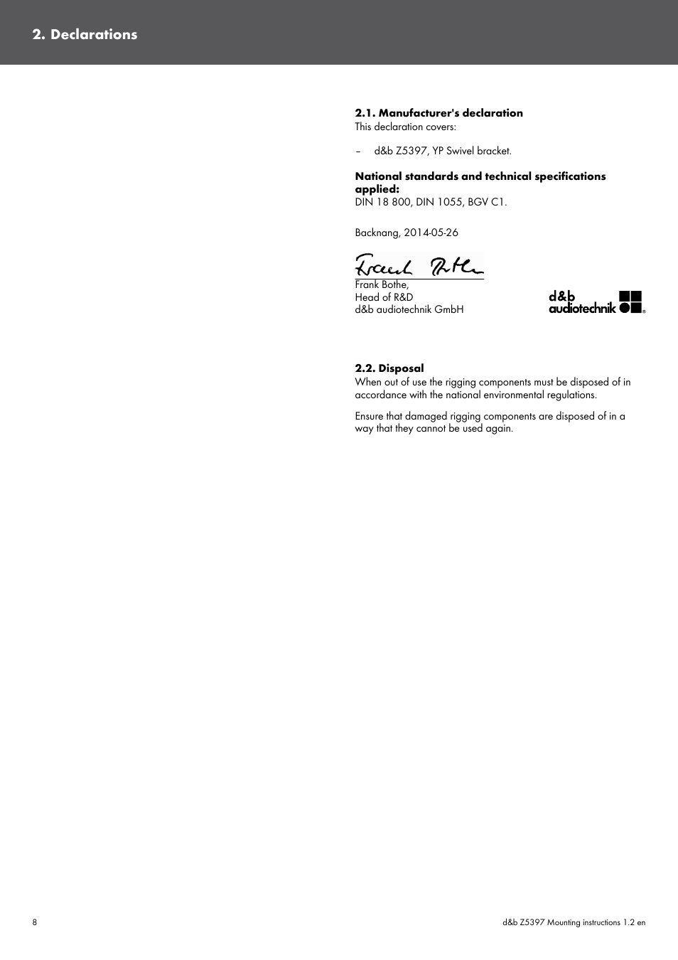 Declarations, Manufacturer's declaration, Disposal | Manufacturer's declaration 2.2. disposal | d&b Z5397 YP Swivel bracket User Manual | Page 8 / 10