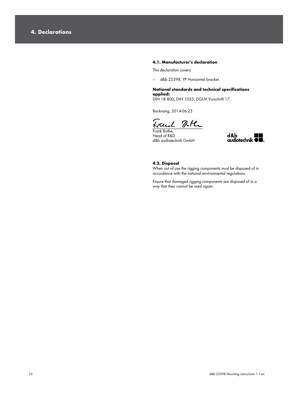 Declarations, Manufacturer's declaration, Disposal | Manufacturer's declaration 4.2. disposal | d&b Z5398 YP Horizontal bracket User Manual | Page 10 / 12