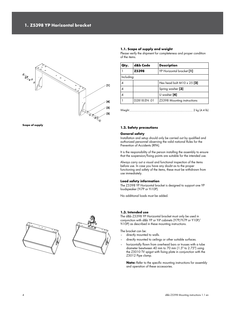 Z5398 yp horizontal bracket, Scope of supply and weight, Safety precautions | Intended use | d&b Z5398 YP Horizontal bracket User Manual | Page 4 / 12