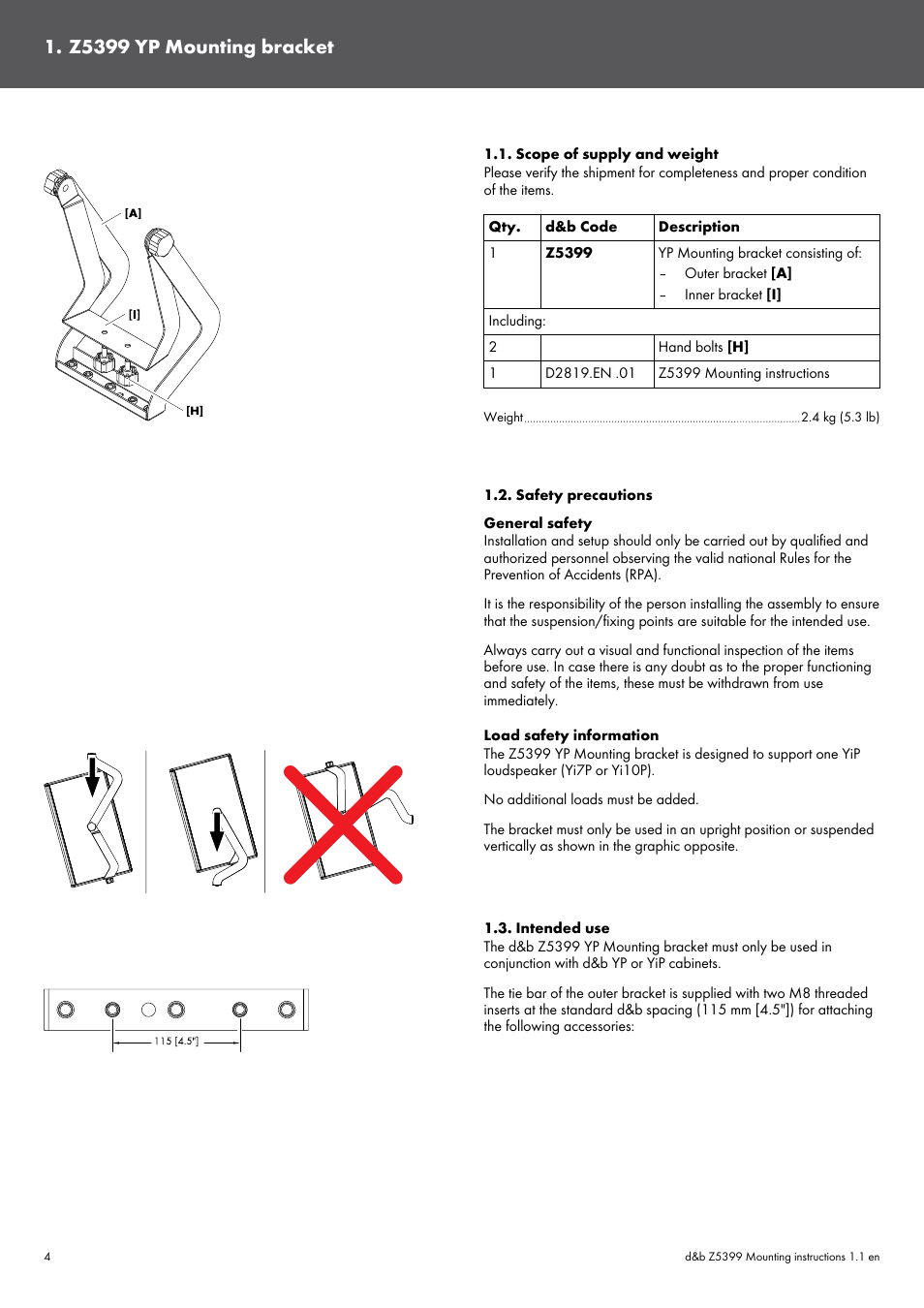 Z5399 yp mounting bracket, Scope of supply and weight, Safety precautions | Intended use | d&b Z5399 YiP Mouting bracket User Manual | Page 4 / 8