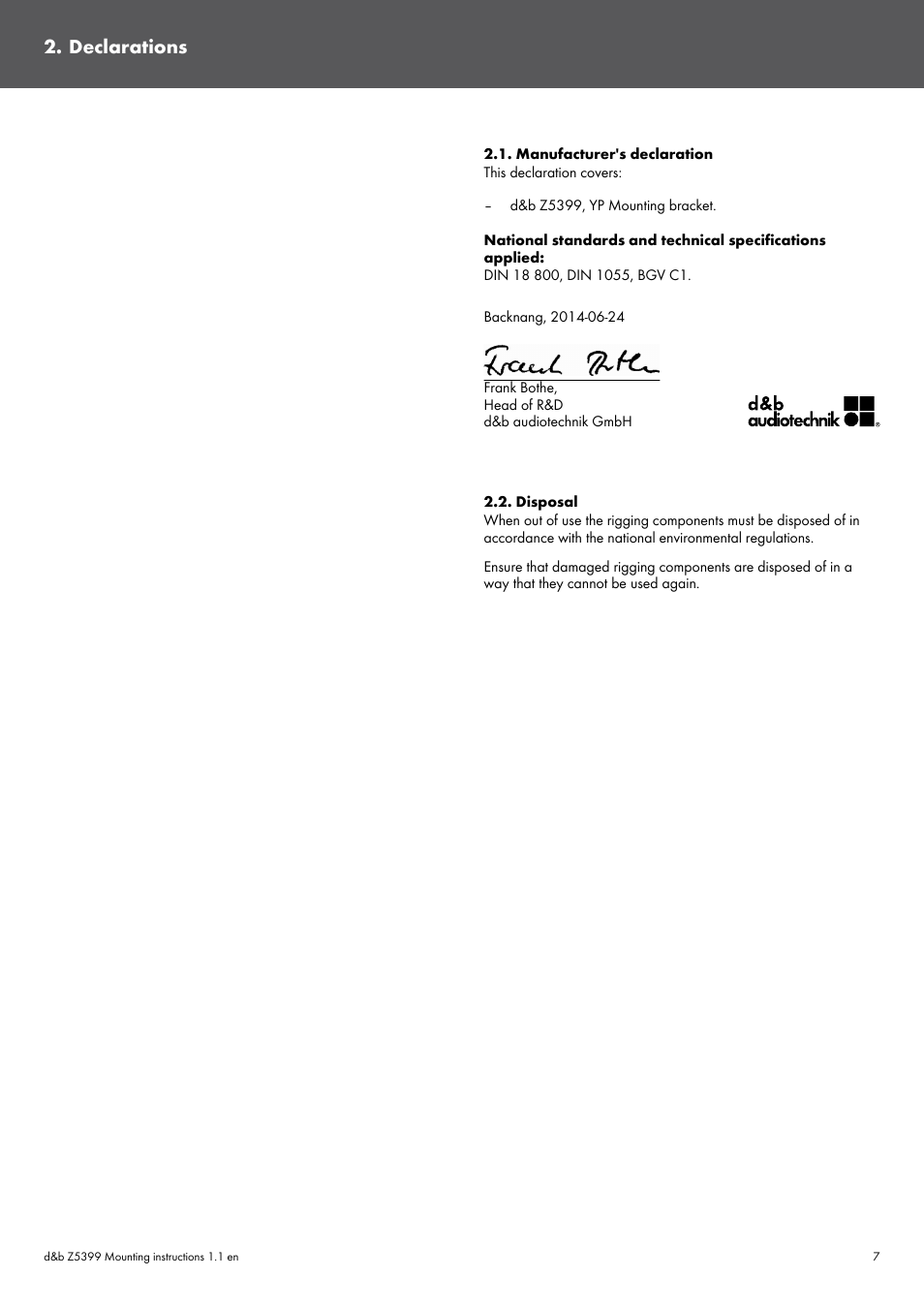 Declarations, Manufacturer's declaration, Disposal | d&b Z5399 YiP Mouting bracket User Manual | Page 7 / 8