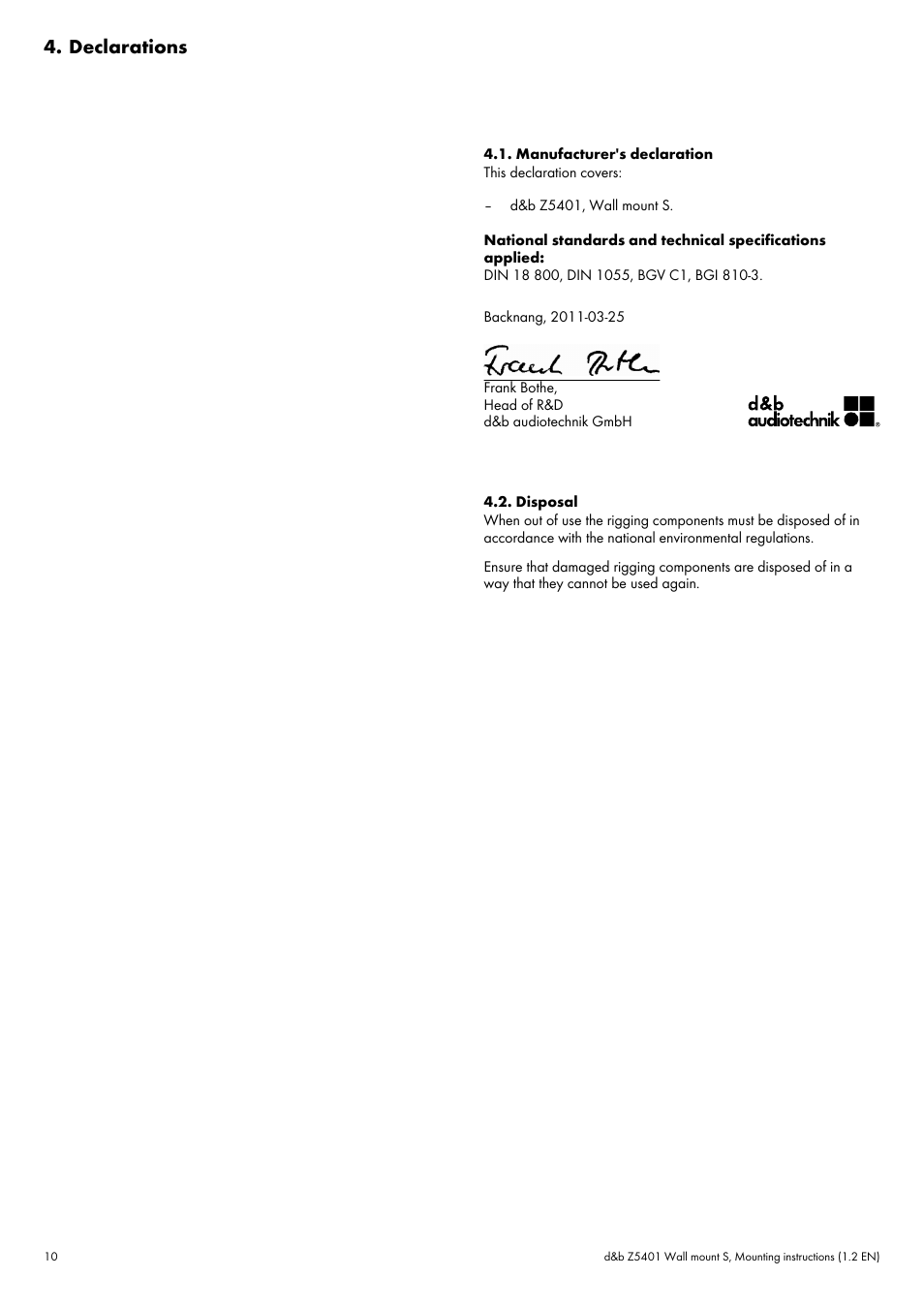 Declarations, Manufacturer's declaration, Disposal | d&b Z5401 Wall mount S User Manual | Page 10 / 11